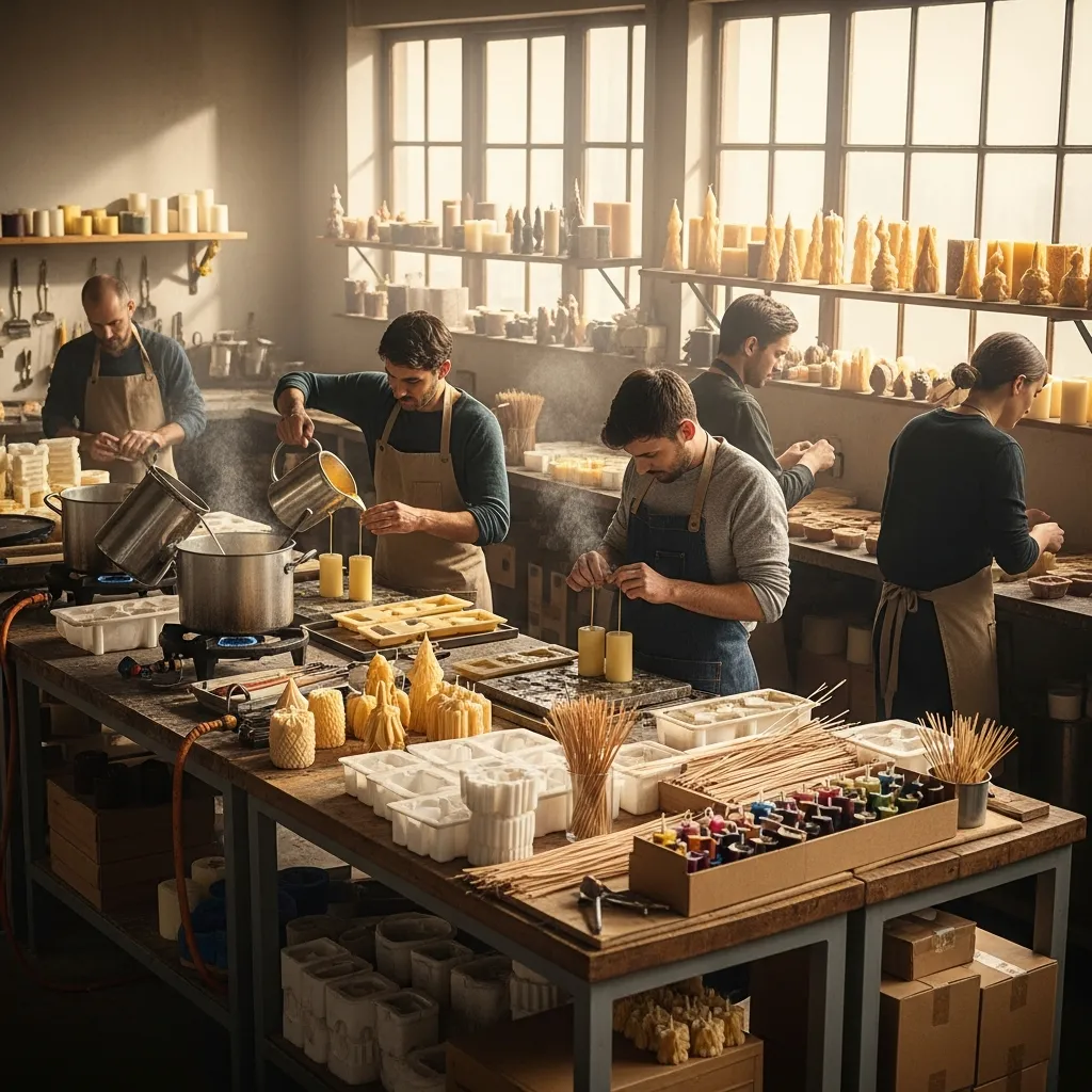 Artisans crafting candles in a bright workshop